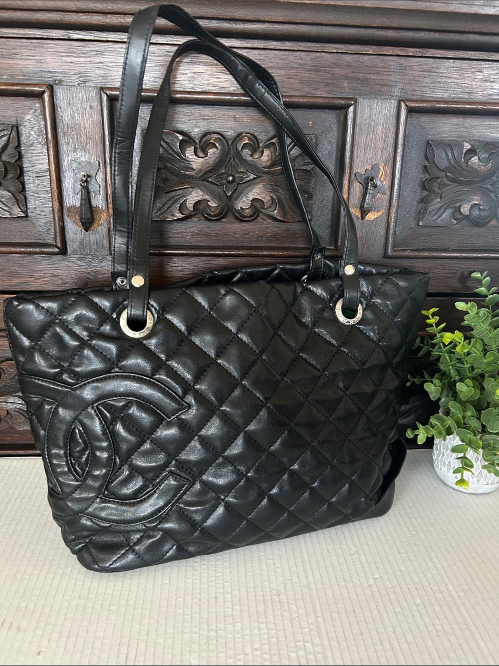 Luxury Black Quilted Tote with Interlocking Logo Detail